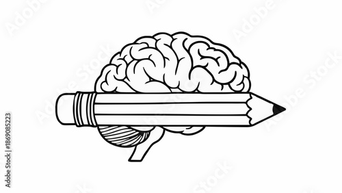 A creative brain with a giant pencil, symbolizing innovative thinking and artistic expression in a simple illustration.