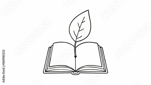 An open book with a sprouting leaf emerging from its pages, symbolizing knowledge and growth.