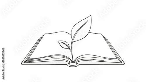 An open book with a sprouting seedling on its pages viewed from a straightforward angle