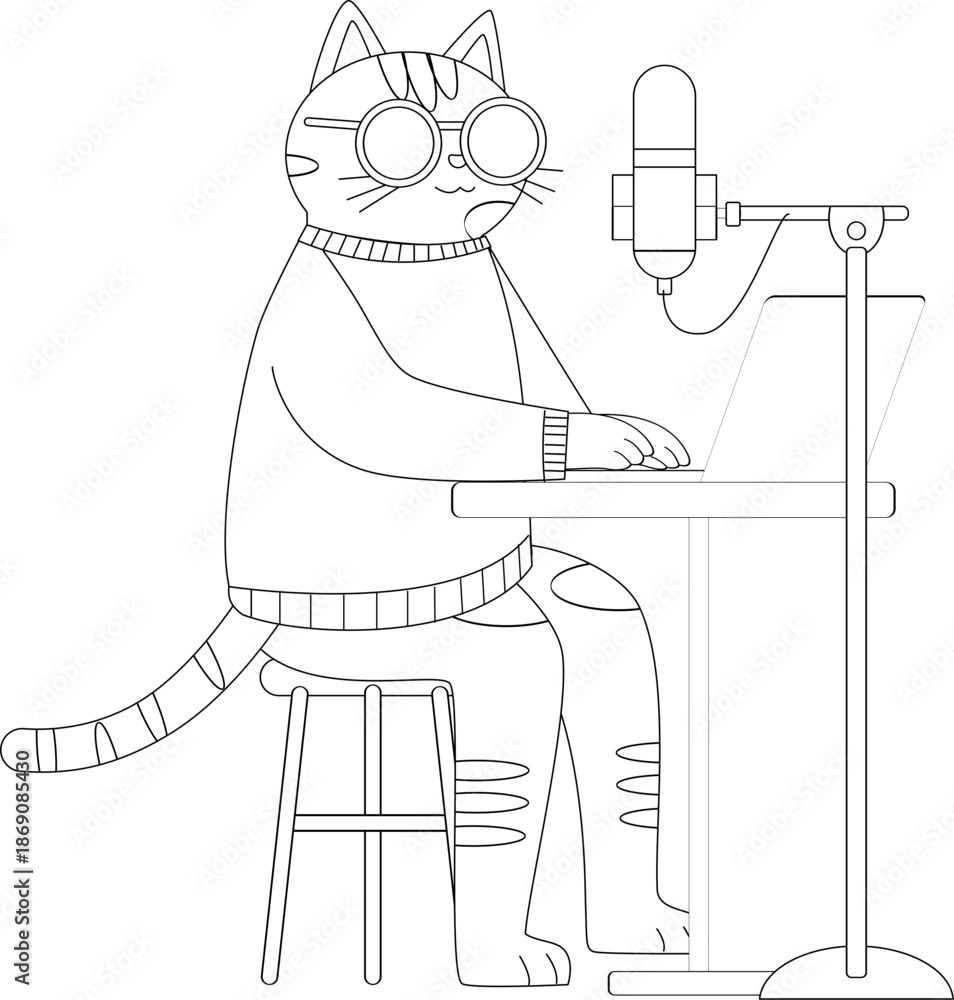 Obraz premium Cute Cartoon Cat Podcaster or Streamer Working on Laptop Coloring Page