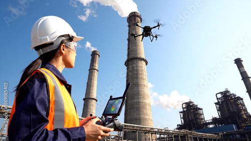 Wallpaper Mural Female Engineer Operating a Drone for Industrial Inspection at a Power Plant. Torontodigital.ca