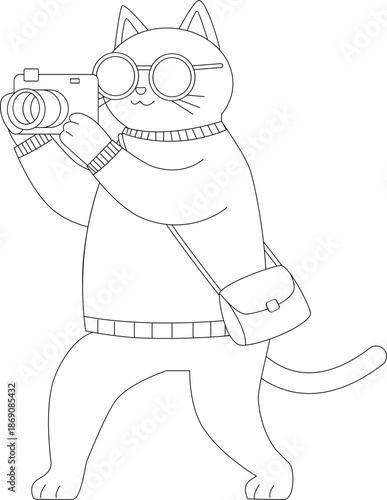 Cute Cartoon Cat Photographer with Camera and Sunglasses Coloring Page