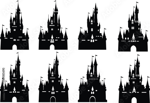 Black castle silhouettes set fantasy medieval palace fortress icons gothic fairytale architecture vector illustration isolated white background design elements