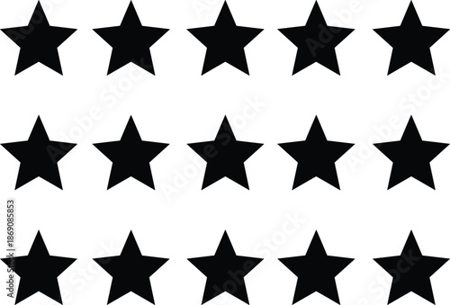 Black star rating icons set, five star review symbols, customer feedback evaluation concept, minimal flat vector illustration isolated on white background