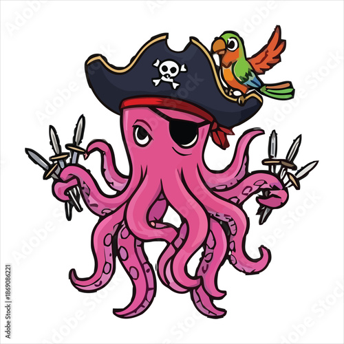 Pirate octopus with parrot and swords