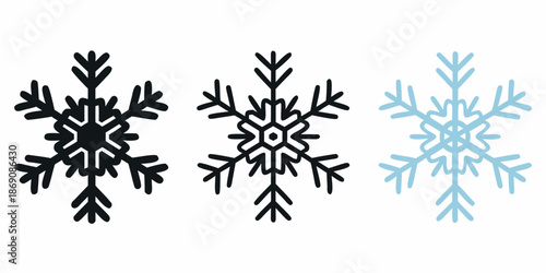 Three detailed snowflake illustrations in varying shades of blue and black