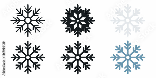 Variations of snowflake designs in different shades and black outlines
