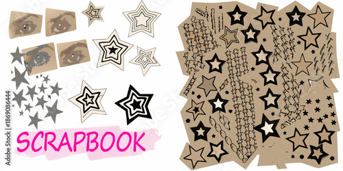 Collage of eyes stars and scrapbook elements on a white background
