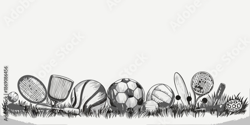 A collection of various sports equipment arranged on a grassy surface