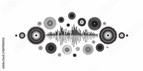 Abstract sound wave visualization with gears and circles in grayscale