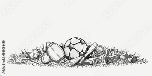 An assortment of sports equipment including balls rackets and a football