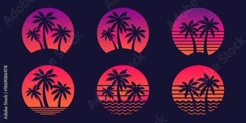 Retro tropical island scenes with palm trees and vibrant sunset colors