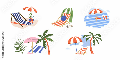Colorful beach scene with lounge chairs umbrellas palm trees and summer vibes