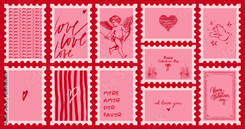 Valentine’s Day Postage Stamp Set with Hand Drawn Cupid Doodles, Cake, Cherry, Bow, and Romantic Line Art Vector Illustration