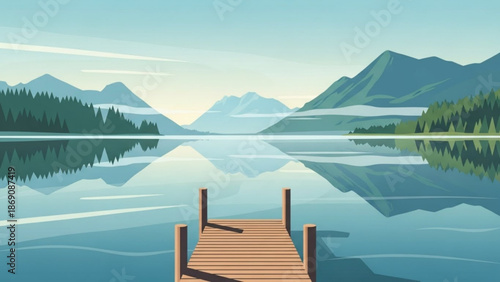 Serene lake scene with wooden dock and majestic mountains in background under calm blue sky with serenity and tranquility and nature
