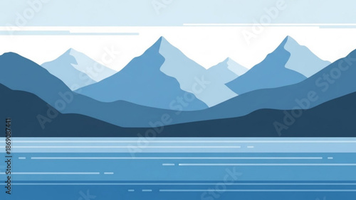 Serene mountain range landscape with calm lake waters in shades of blue under a clear sky with soft white clouds with serene with travel