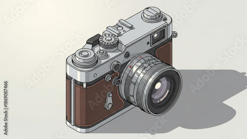 A detailed illustration of a vintage camera with a brown leather case and silver metal components on a light background with photography