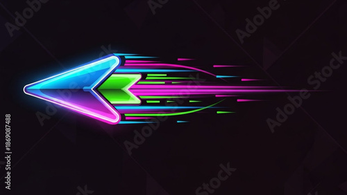 Vibrant neon arrow graphic with colorful streaks on dark background for futuristic designs with innovation and technology and modern