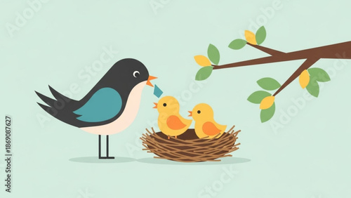 A mother bird feeds her hungry chicks in the nest on a tree branch with green leaves and yellow buds on a light green background with cute