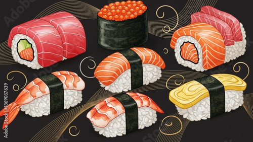 A vibrant sushi platter featuring various types of sushi rolls and nigiri on a black background with decorative swirls with japanese food