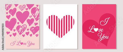 Trio of heartfelt cards featuring numerous pink hearts, a striped heart, and I Love You messages