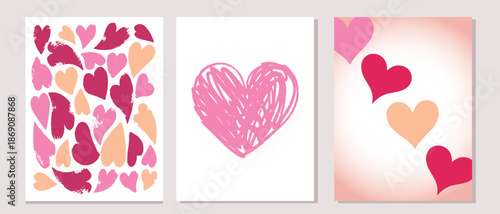 Collection of three artistic heart cards showcasing brush stroke, scribbled, and floating heart designs