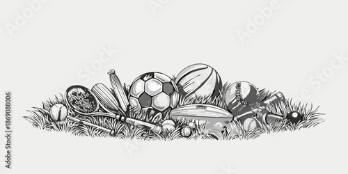 A collection of various sports equipment arranged together in a monochrome style