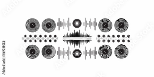 Visual representation of sound waves and vinyl records in monochrome design