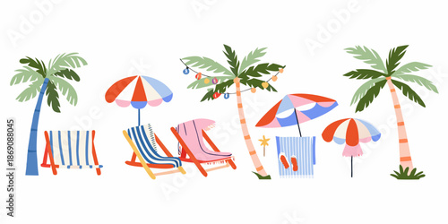 Tropical beach scene with palm trees lounge chairs and colorful umbrellas