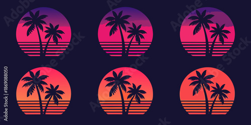 Vaporwave aesthetic with repeating palm tree and sunset graphic designs