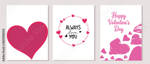 Set of three charming Valentines Day cards with large and sketched hearts alongside loving messages