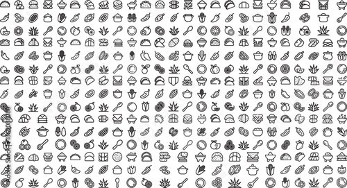 Collection of various food and kitchen related line icons on white background