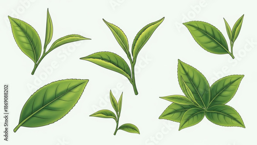 Collection of green tea leaves and stems in various arrangements on a white background with botanical illustration and herbal with healthy