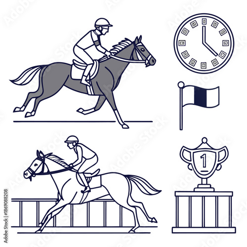 A cartoon illustration of a black horse silhouette and rider competing in a fun equestrian sport vector for horse racing and riding people