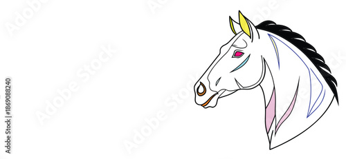 A black and white vector silhouette illustration of a wild stallion head symbol, designed as a minimalist horse logo or tattoo icon for farm nature and sport art