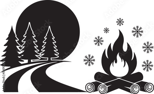 Winter camping landscape with campfire and pine trees at night time