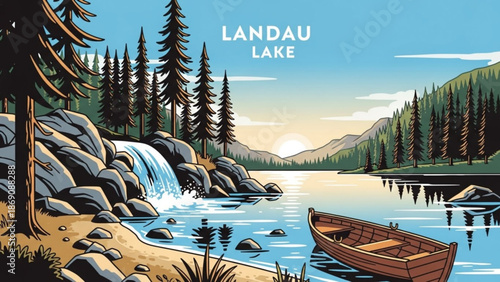 Serene lake landscape with wooden boat and waterfall in forest at sunset peaceful nature scene with trees and rocks and reflection