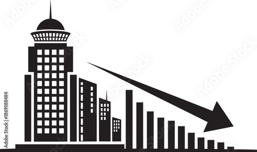 City buildings decline chart with descending arrow illustrating downturn