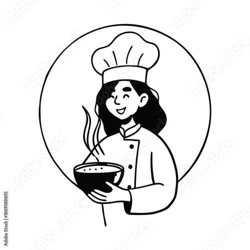 Cartoon vector illustration of a professional Italian chef in a hat holding a menu, tray, and gourmet meal plate for a restaurant kitchen logo