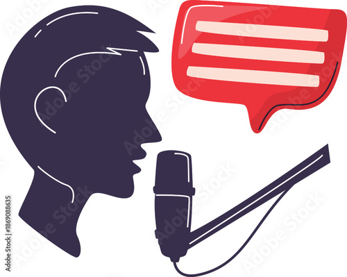 Person speaking into a microphone with a speech bubble.