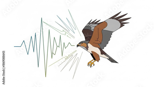 Brown falcon in flight with sound wave illustration on white background with bird and wildlife and raptor and graphic design with hunting