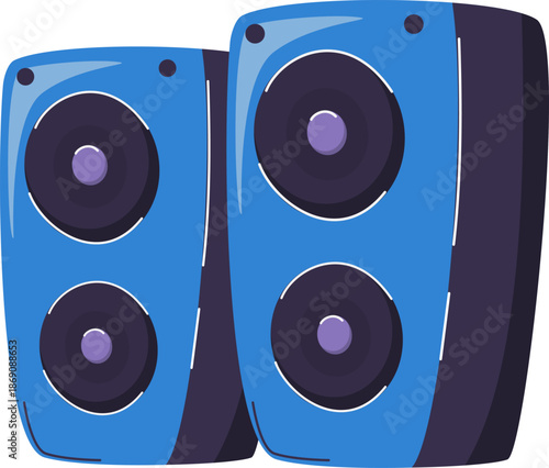 Pair of Blue Audio Speakers with Dark Accents and Circular Woofers.