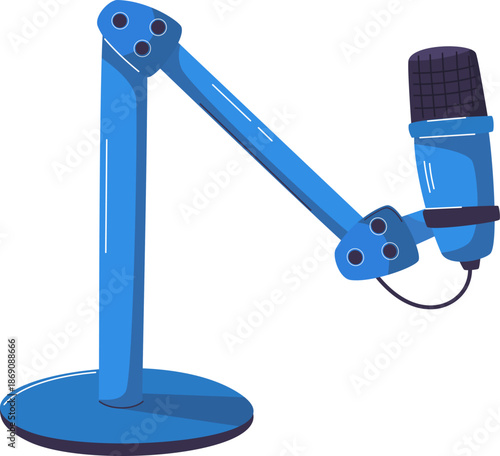 Blue microphone on a stand for recording audio and broadcasting.