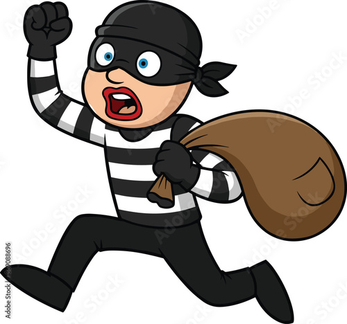 Cartoon thief character illustration, running robber with money bag, crime concept mascot, funny criminal design isolated white background