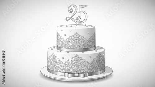 White two tiered cake with lace design and 25 anniversary topper on silver platter for wedding celebration decoration with wedding