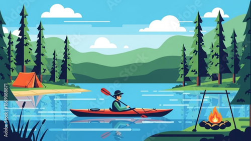 Man kayaking on serene lake with camping tent and fire pit in forest landscape illustration with outdoor and adventure and nature with calm