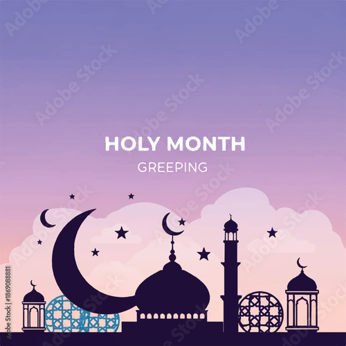 Islamic Mosque Silhouette with Crescent Moon Stars.
