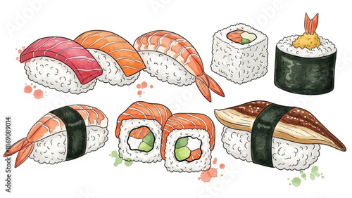 Assorted sushi and sashimi pieces hand drawn in watercolor style on white background with japanese cuisine and watercolor with food art