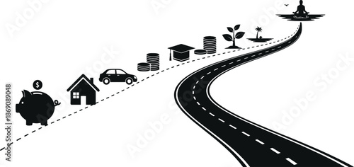 Roadmap to financial goals savings, house, car, education, investment, retirement, travel.