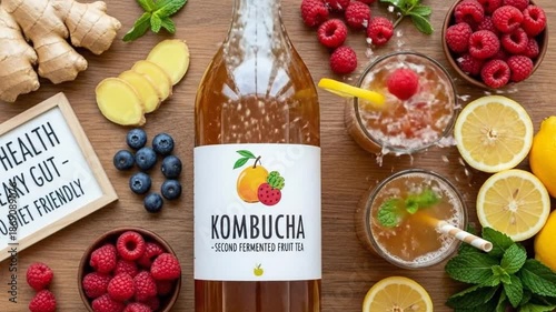 Wallpaper Mural Kombucha Drink with Fresh Fruits and Ginger for Gut Health. Torontodigital.ca